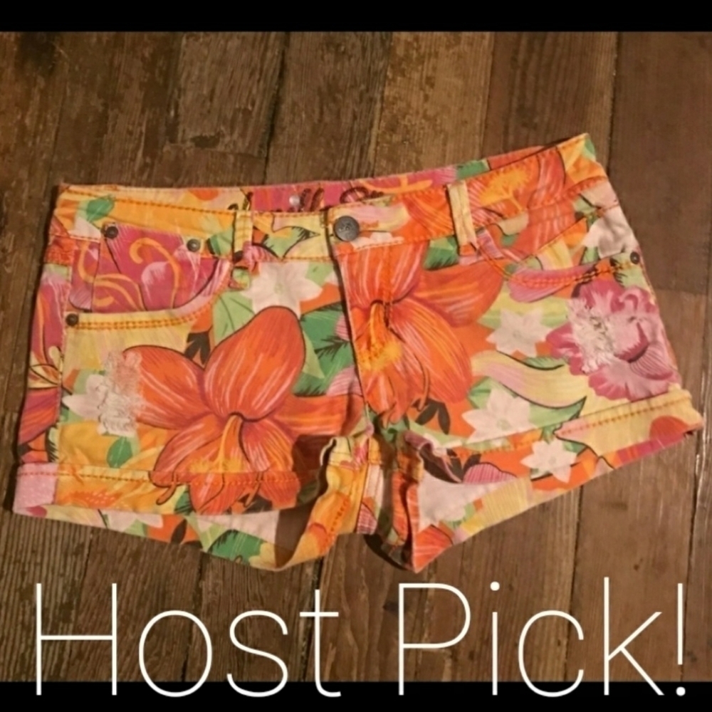 Vanilla Sky Hawaiian Floral Denim Jean Shorts Multicolored Women's Size 0 EUC
